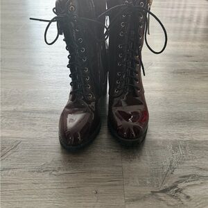 Fashion Nova Women's Burgundy Patent Lace-Up Combat Boots